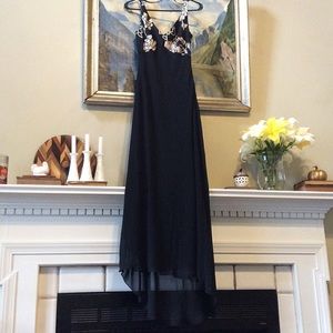 Black & champagne, evening dress with train.